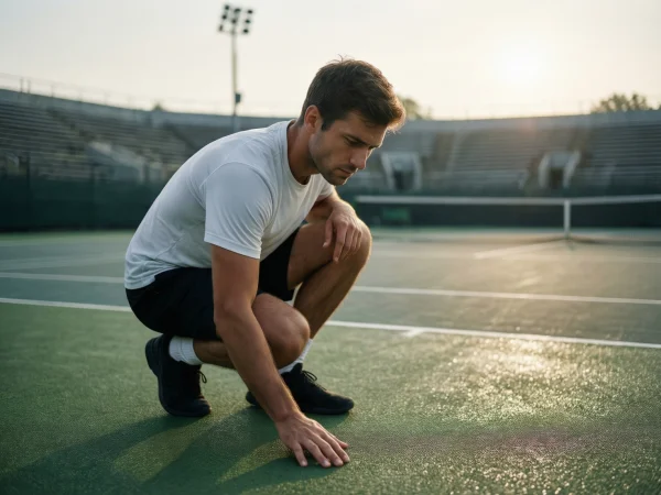Tenista estudiando las condiciones de la pista antes del partido
