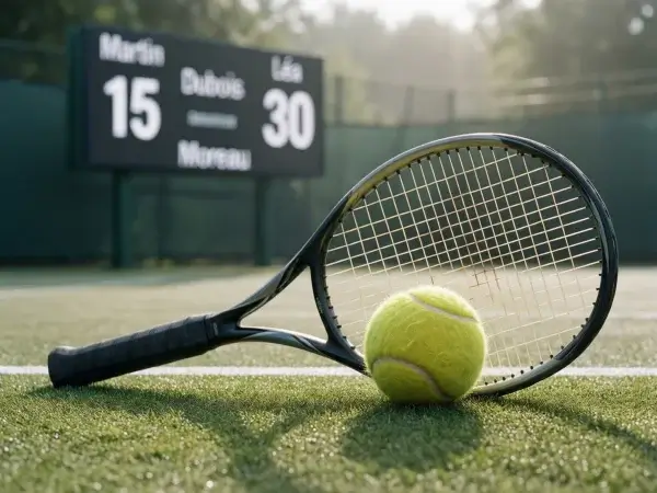 Pelota y raqueta de tenis sobre la pista con marcador visible