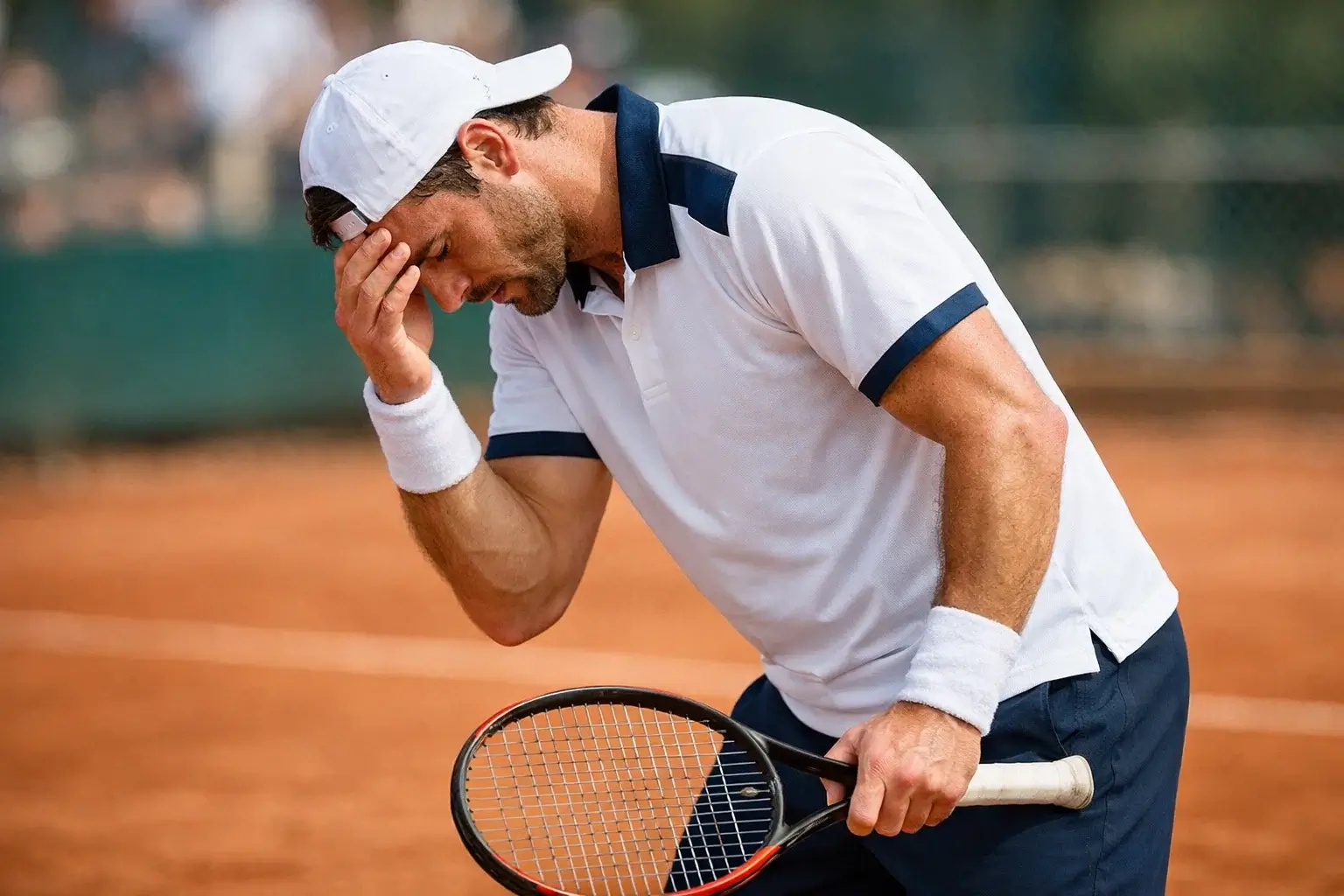 Jugador de tenis mostrando frustración durante un partido