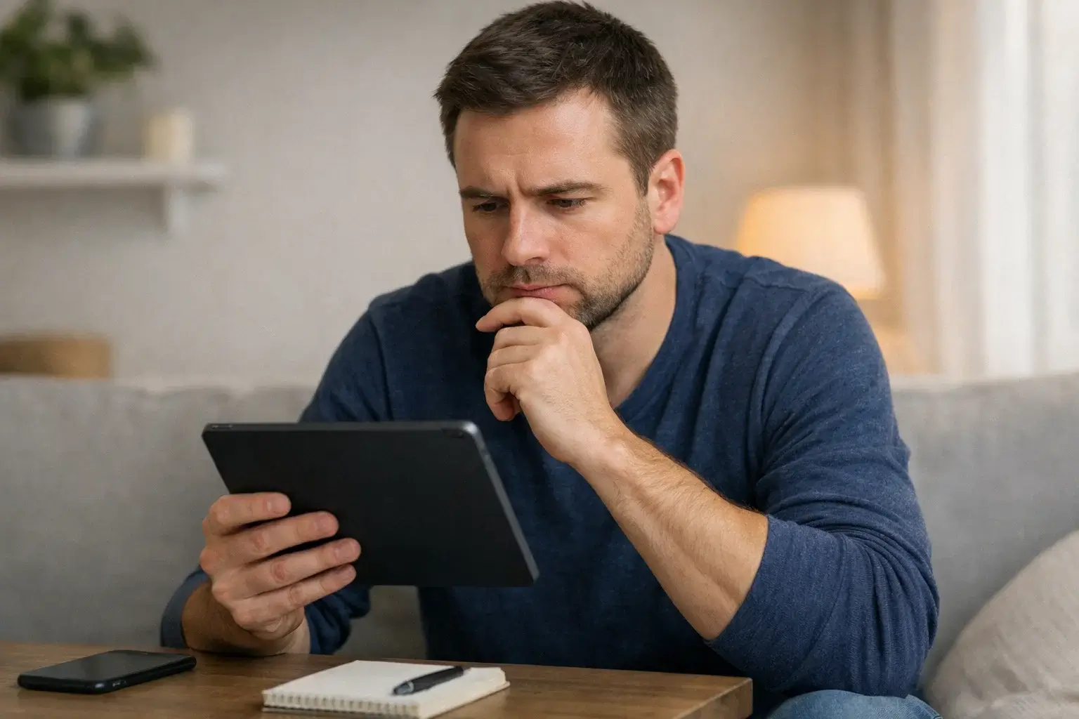 Persona pensativa analizando opciones de apuesta en tablet