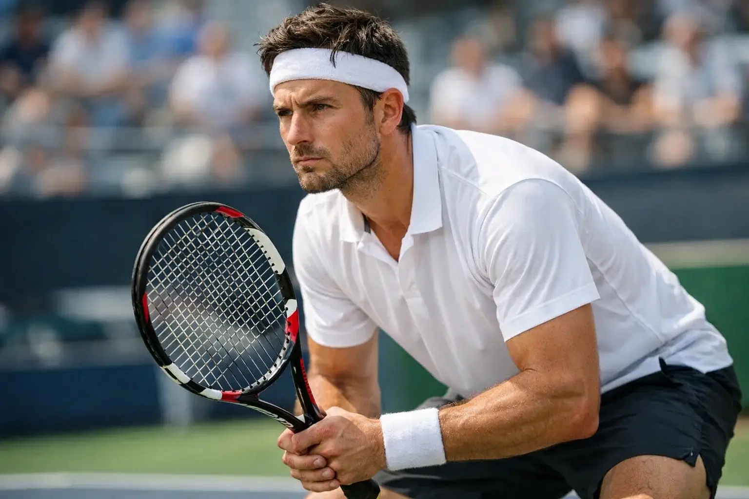 Tenista profesional analizando su próximo movimiento en la pista