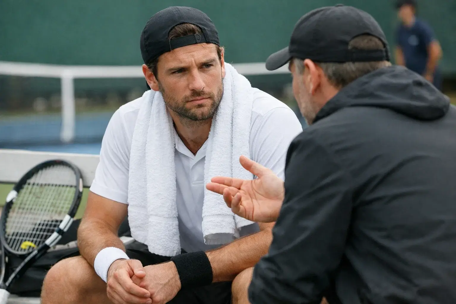 Tenista recibiendo instrucciones del entrenador durante descanso