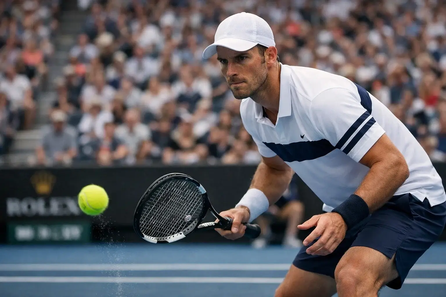 Tenista preparándose para servir en momento decisivo del partido