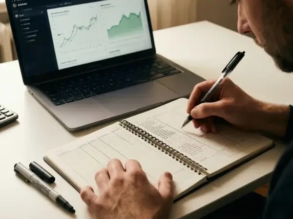 Persona tomando notas en un cuaderno junto a un portátil con estadísticas de tenis