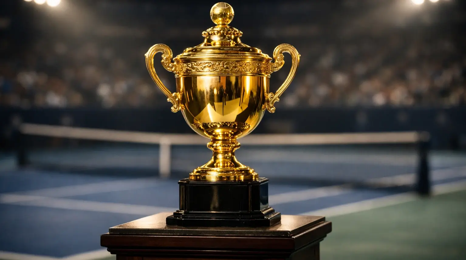 Trofeo de Grand Slam de tenis con pista al fondo