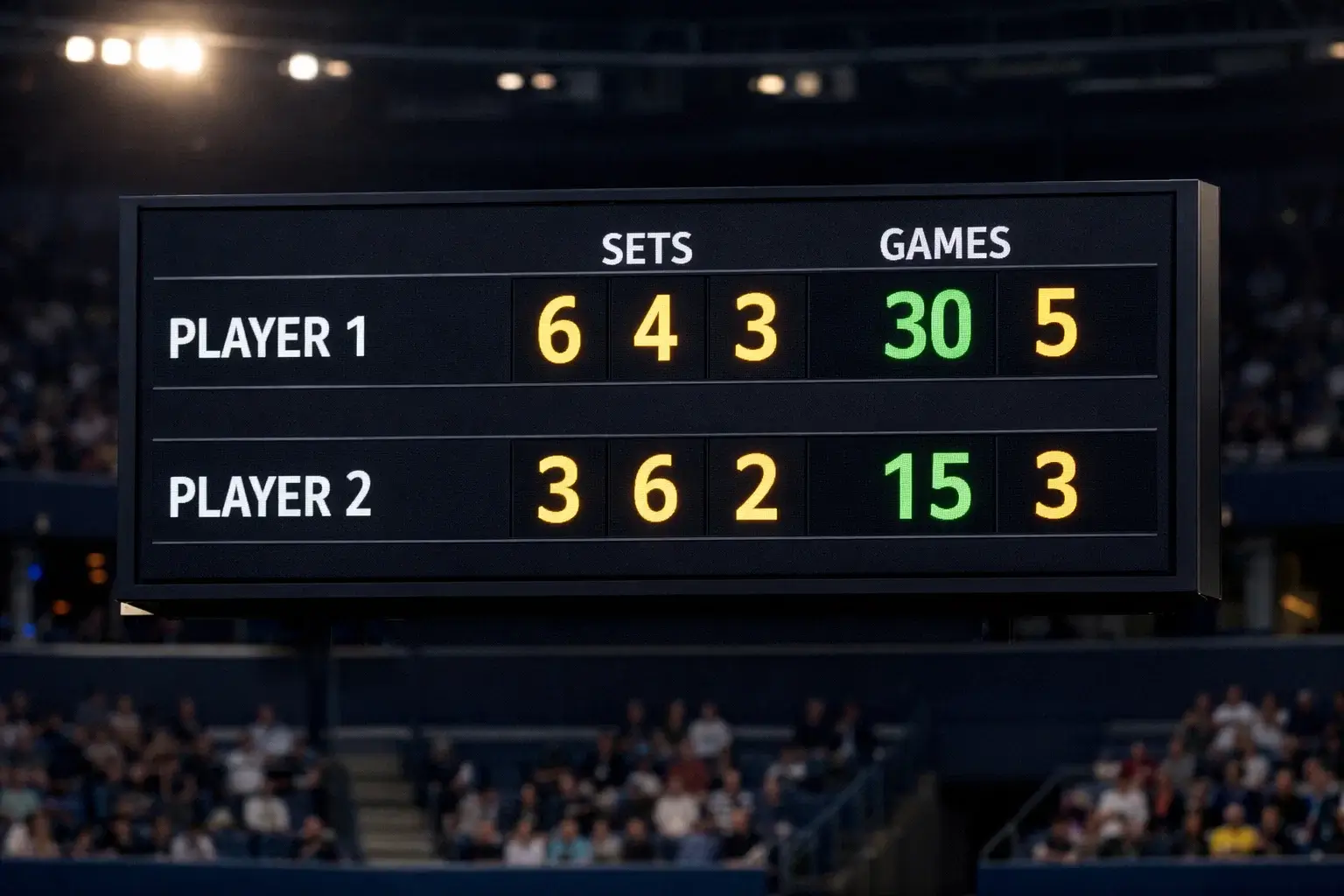 Marcador electrónico de tenis mostrando resultado de sets