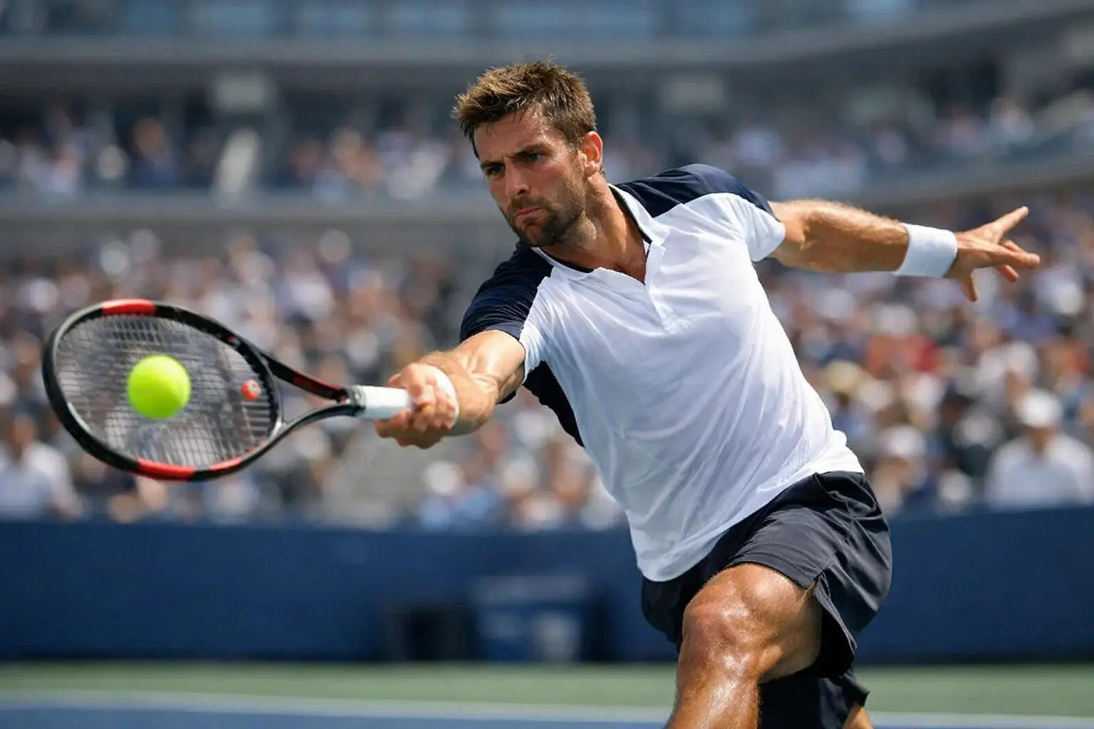 Partido de tenis profesional con jugador golpeando la pelota en pista dura