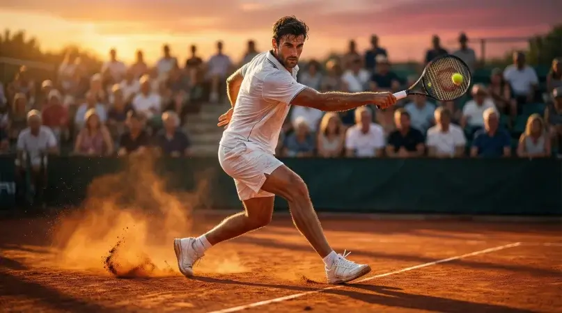Partido de tenis profesional en pista de tierra batida con aficionados en las gradas