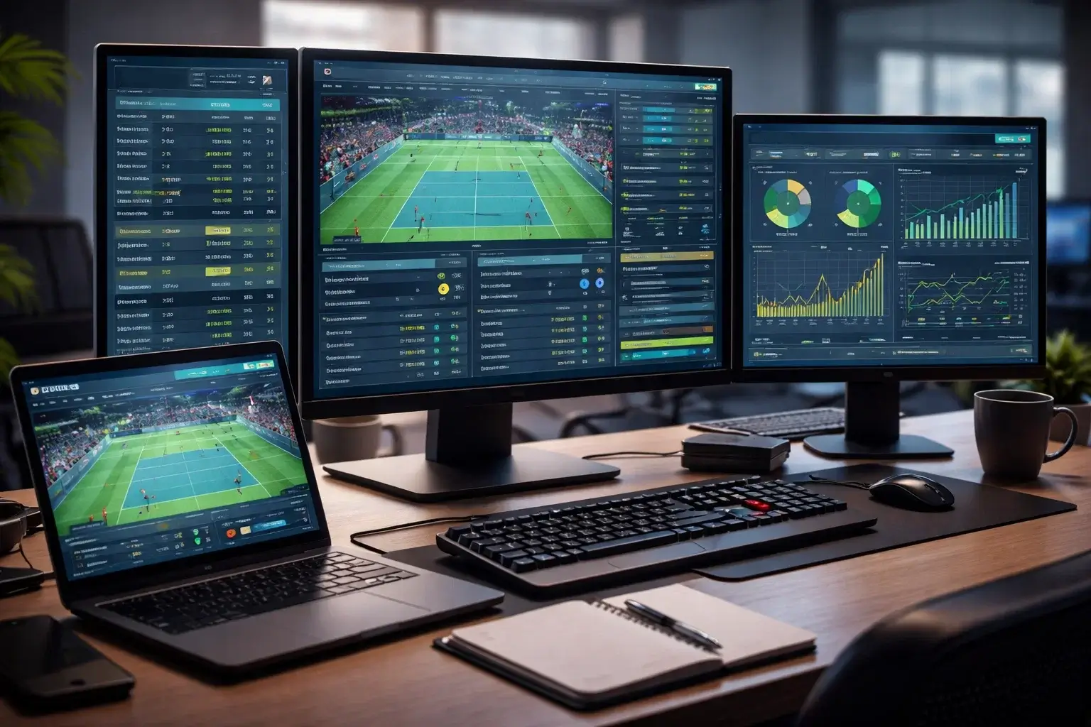 Configuración con múltiples pantallas mostrando estadísticas de tenis