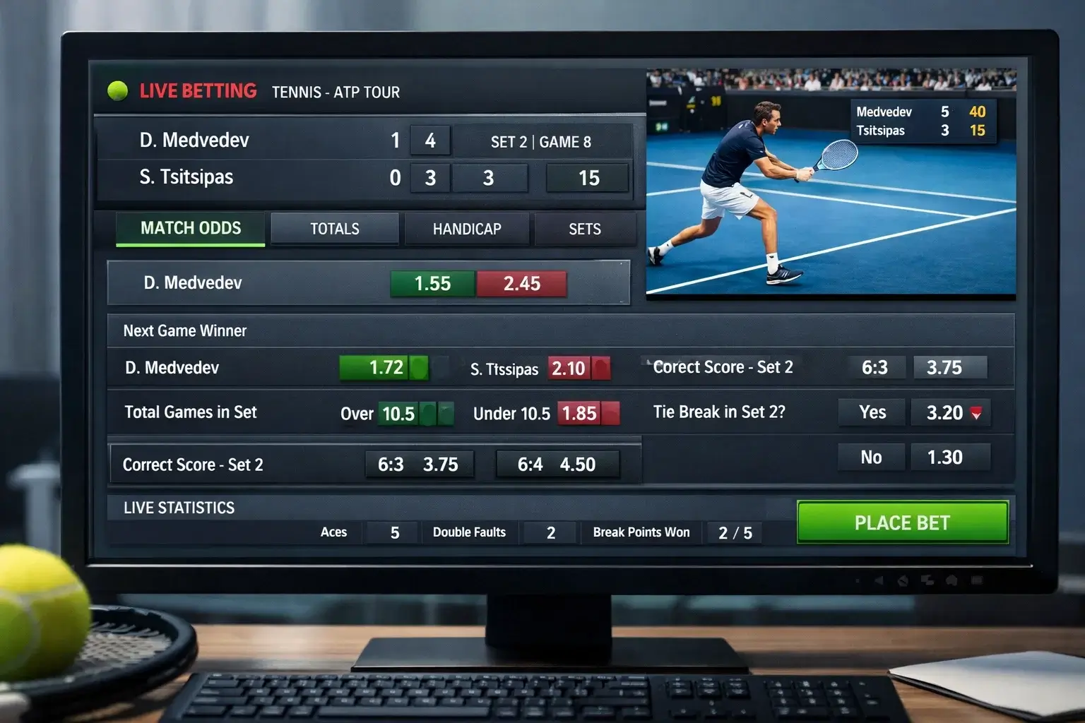 Pantalla mostrando cuotas de apuestas en vivo durante partido de tenis