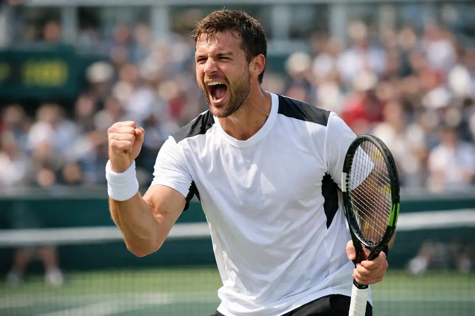 Jugador de tenis celebrando victoria de un juego importante