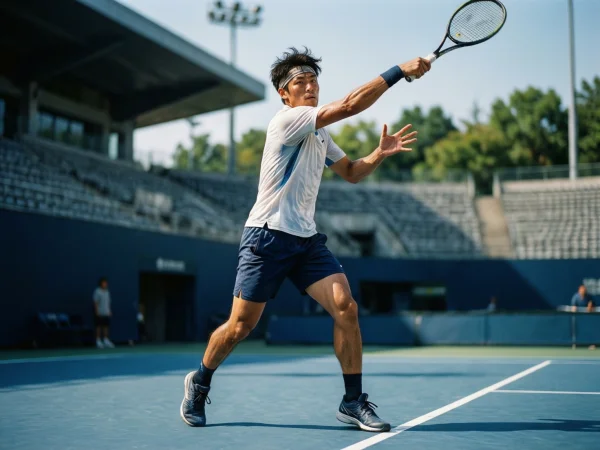 Jugador de tenis ejecutando un saque potente en pista dura