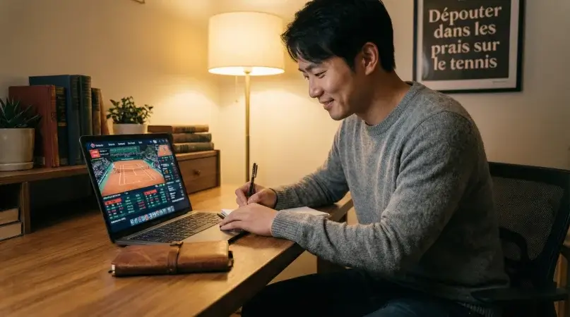 Persona aprendiendo sobre apuestas de tenis en su ordenador portátil