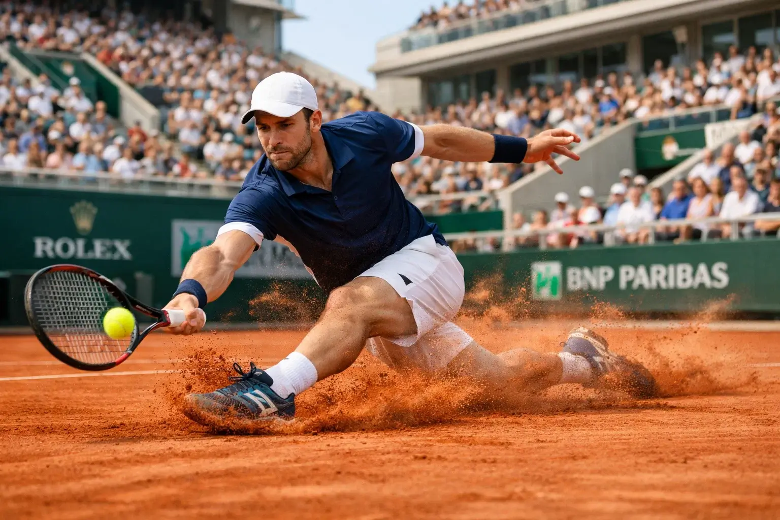 Jugador deslizándose sobre tierra batida de Roland Garros