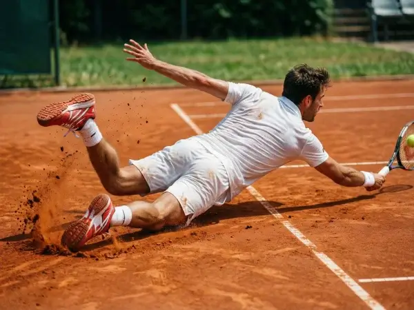 Tenista profesional deslizándose sobre tierra batida para devolver una bola