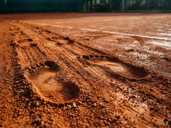 Primer plano de tierra batida con marcas de deslizamiento de zapatilla